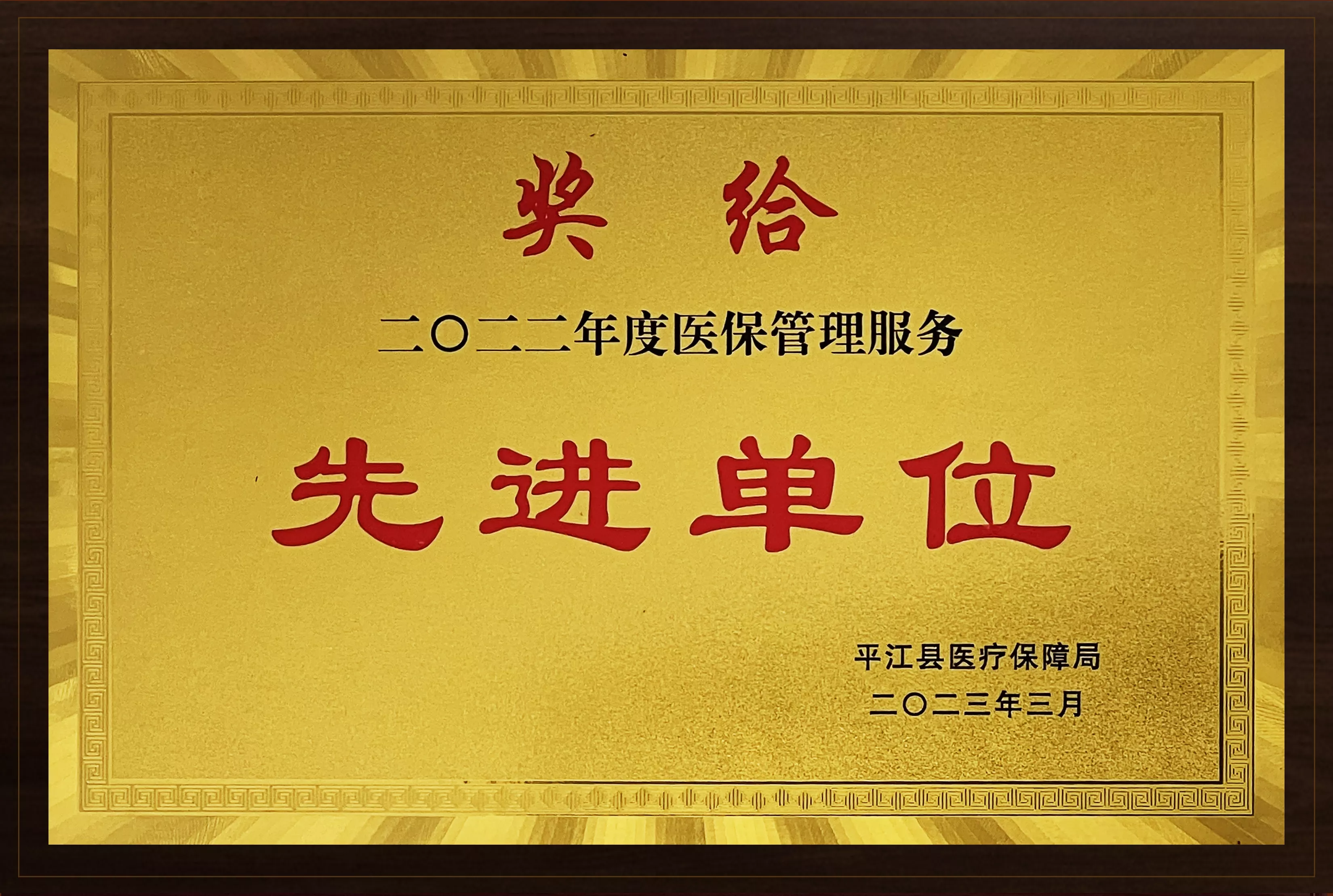 2023年3月：被评为平江县2022年度“医保管理服务先进单位”